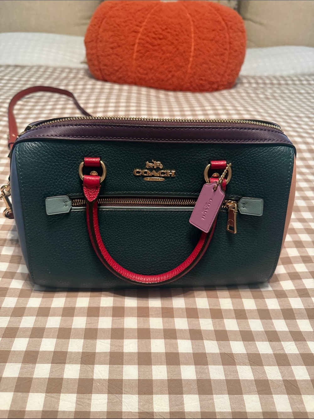 COACH Colorblock Leather Satchel in Emerald with Red Handles and Purple Trim